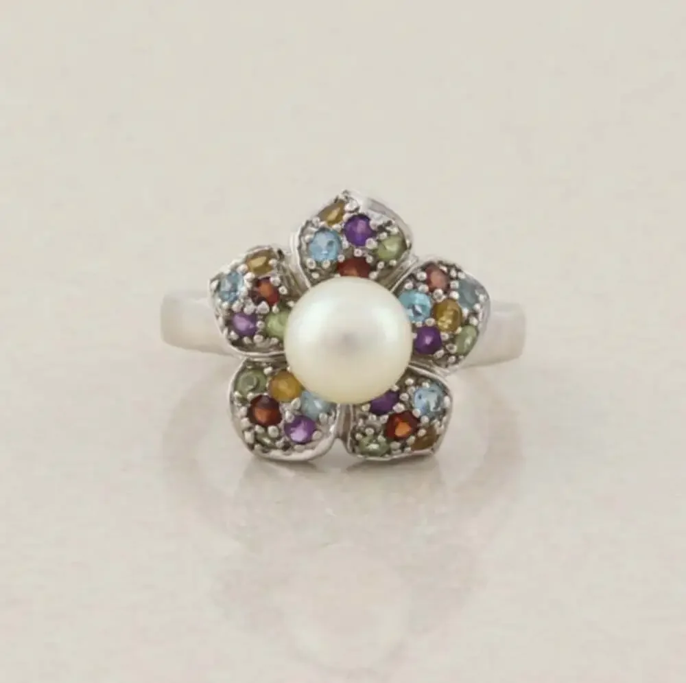 Sterling Silver Freshwater Pearl & Multi Gemstone Flower Ring Size 9 1/4